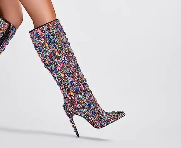 Women Pointed Toe Crystal Gem Knee High Boots