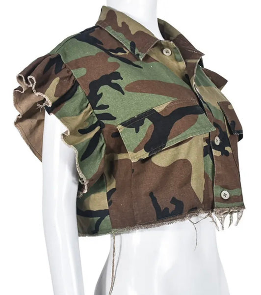 Women Ruffled Short Sleeve Button Up Camouflage Crop Top