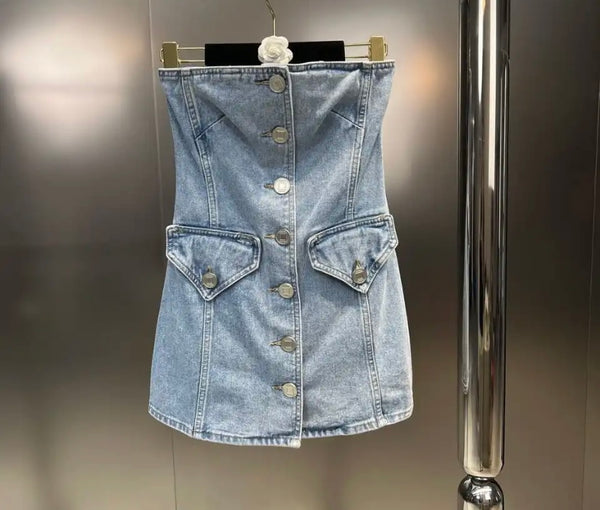 Women Denim Sexy Strapless Button Up Two Piece Dress Jacket Set
