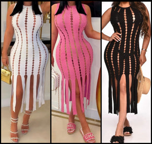 Women Sexy Hollow Out Tassel Sleeveless Dress