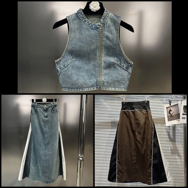 Women Sleeveless Fashion Color Patchwork Denim Maxi Skirt Set