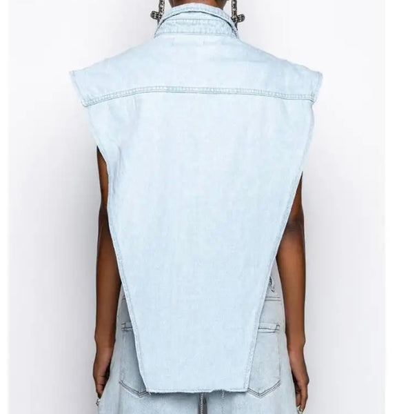 Women Sleeveless Button Up Fashion Denim Asymmetrical Top