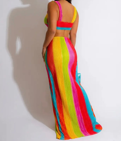 Women Sexy Halter Multicolored Two Piece Maxi Skirt Set