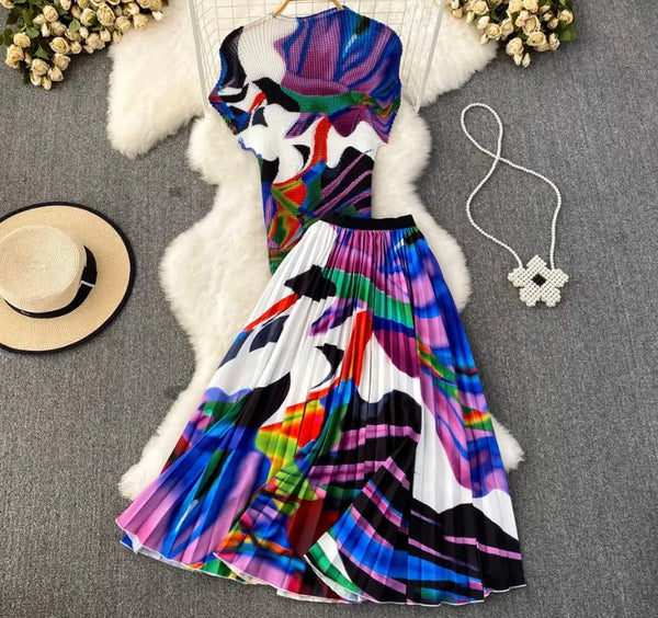 Women Printed Short Sleeve Two Piece Pleated Maxi Skirt Set