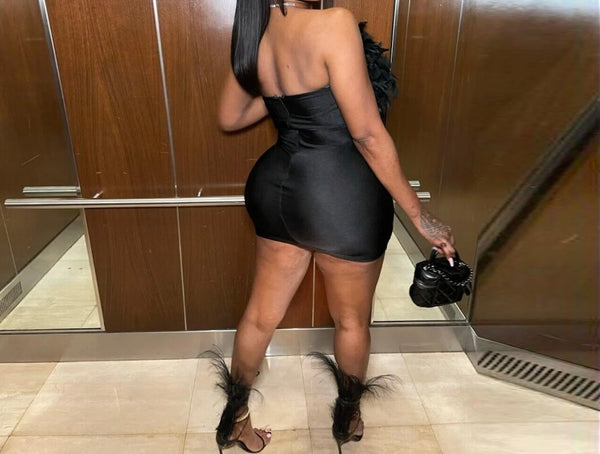 Women Sexy Feather Strapless Bling Mesh Patchwork Dress