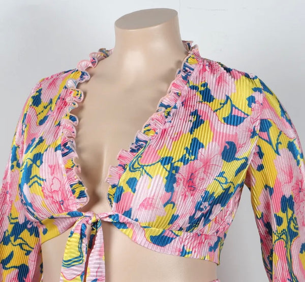 Women Floral Full Sleeve Crop Two Piece Wide Leg Pant Set
