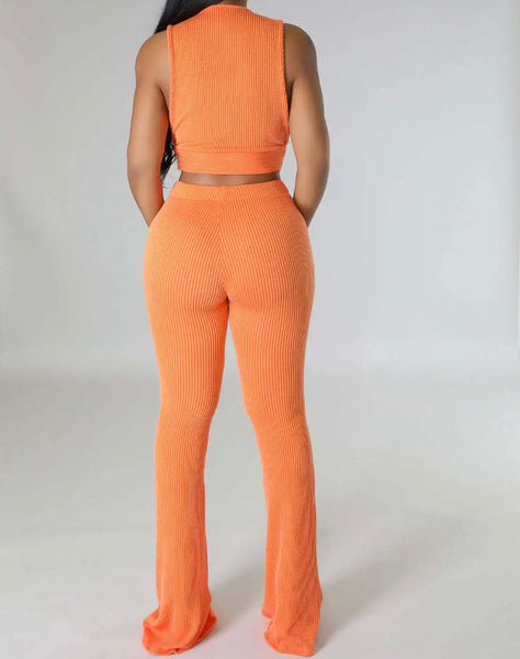Women Ribbed Sleeveless Solid Color Sexy Two Piece Pant Set