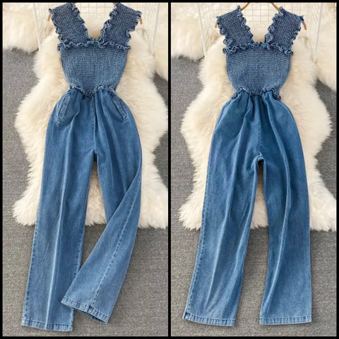 Women Sleeveless Pocket Fashion Denim Jumpsuit