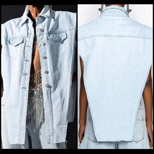 Women Sleeveless Button Up Fashion Denim Asymmetrical Top