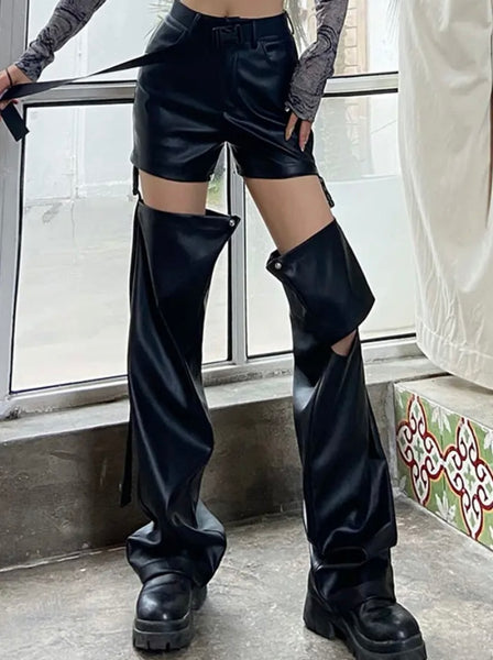 Women Black Faux Leather Buckled Cut Out Pants