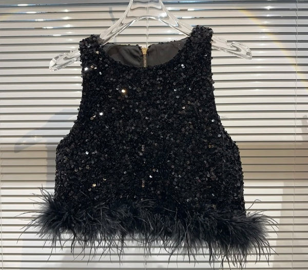 Women Black Sexy Sequins Sleeveless Feather Two Piece Skirt Set