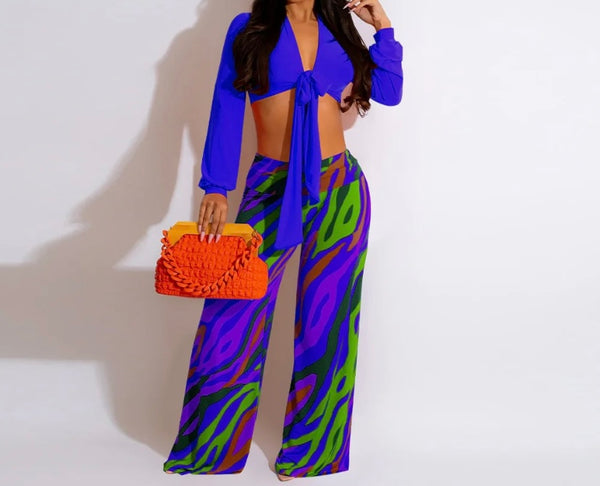 Women Full Sleeve Crop Two Piece Printed Pant Set