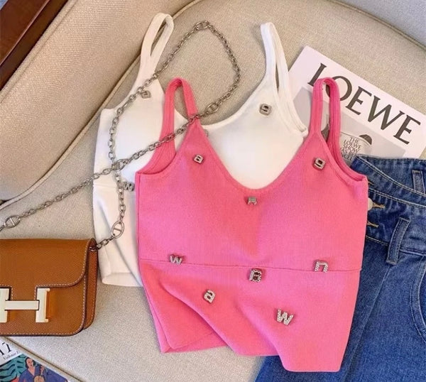 Women Fashion Sleeveless Bling Letter Crop Top