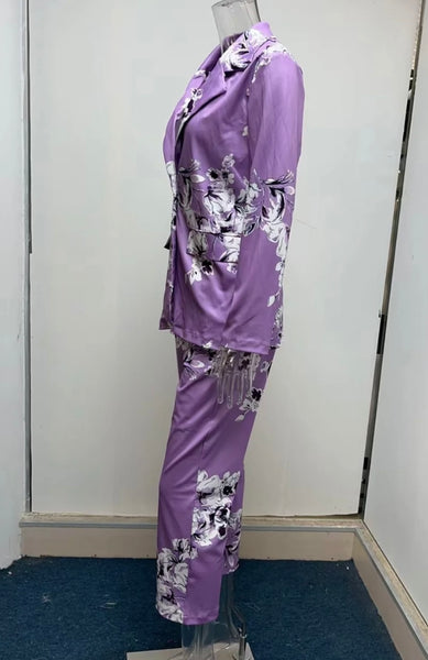 Women Fashion Floral Blazer Two Piece Pant Set