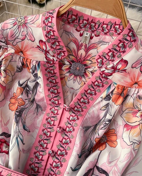Women Button Up Full Sleeve Floral Two Piece Short Set