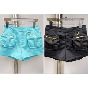 Women Satin Zipper Pocket Fashion Shorts