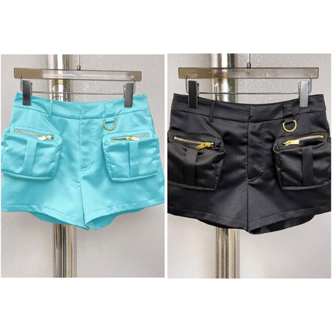 Women Satin Zipper Pocket Fashion Shorts