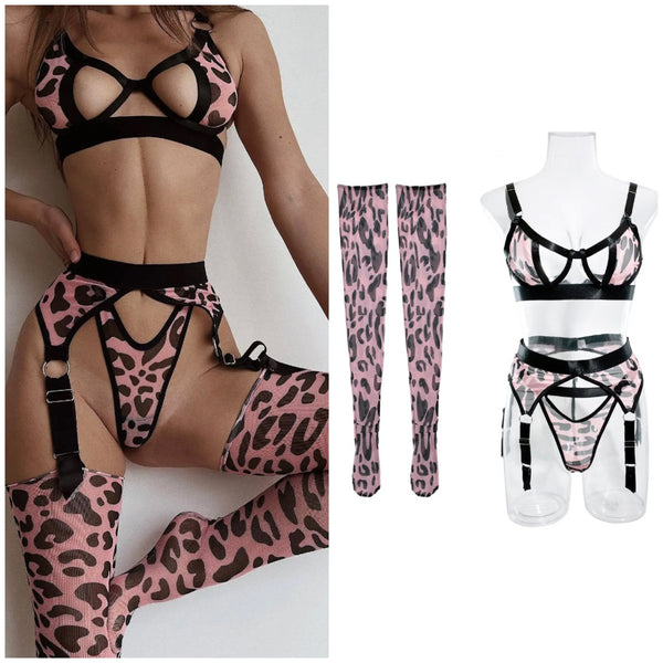 Women Pink Leopard Print Sexy Sock Lingerie Set