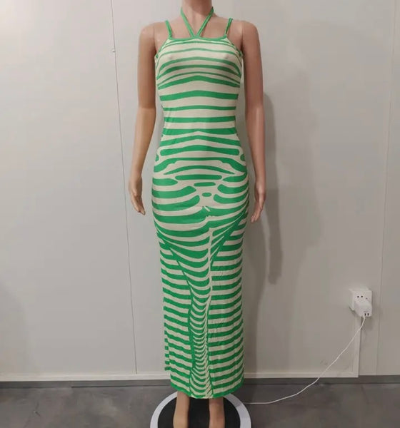 Women Sexy Striped Halter Maxi Dress