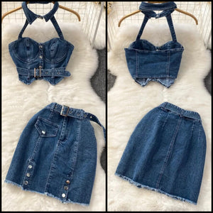 Women Halter Sleeveless Buckled Two Piece Denim Skirt Set