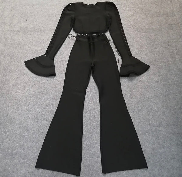 Women Sexy Full Flare Sleeve Lace Patchwork Lace Up Two Piece Pant Set