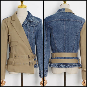 Women Khaki Denim Patchwork Belted Blazer Jacket