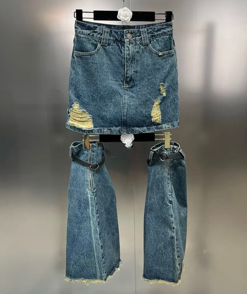 Women Fashion Ripped Denim Skirt Shoe Cover Set