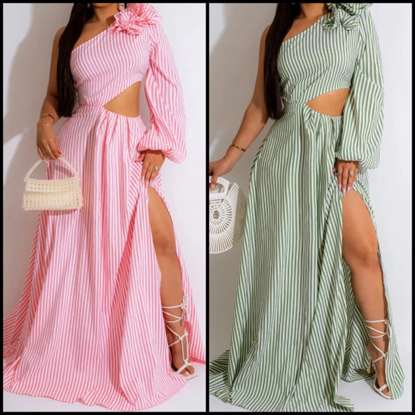 Women Striped Sexy One Shoulder Cut Out Maxi Dress