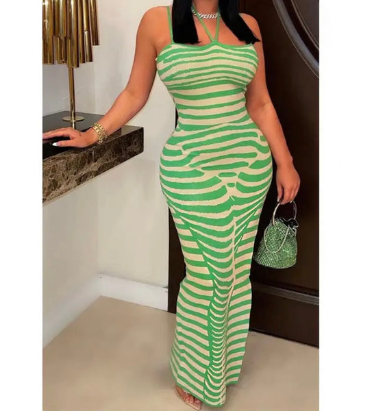 Women Sexy Striped Halter Maxi Dress