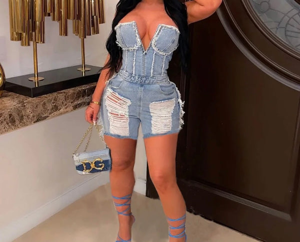 Women Sexy Strapless Ripped Denim Romper