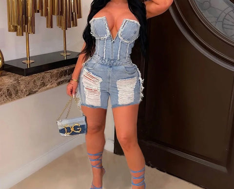 Women Sexy Strapless Ripped Denim Romper