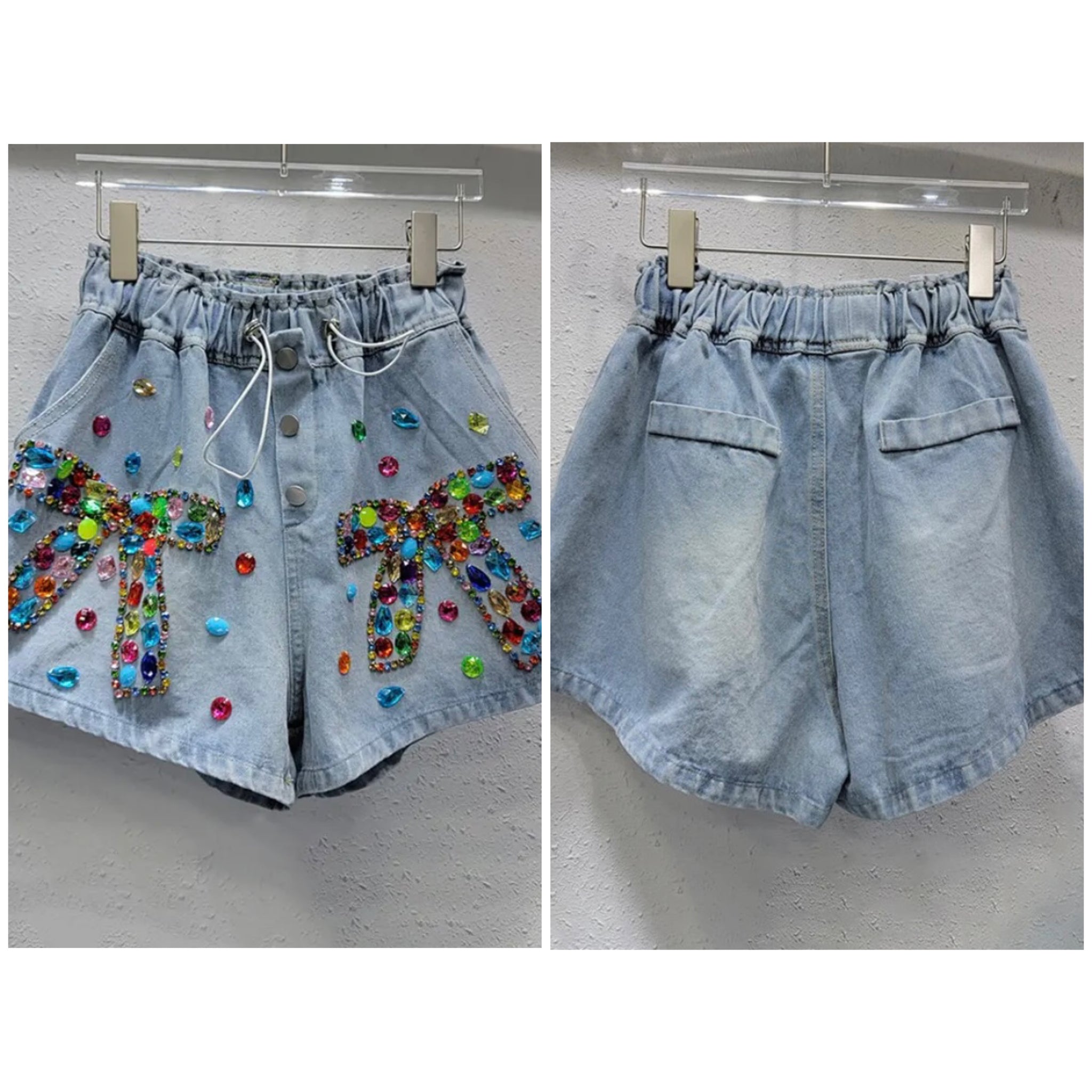 Women Drawstring Fashion Bow Gem Denim Shorts