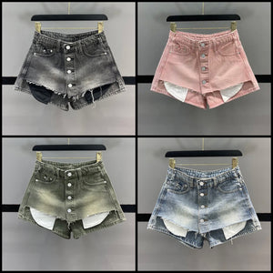 Women Button Up Ripped Pocket Fashion Denim Shorts