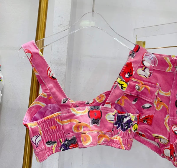 Women Pink Printed Sexy Fashion Sleeveless Crop Two Piece Short Set