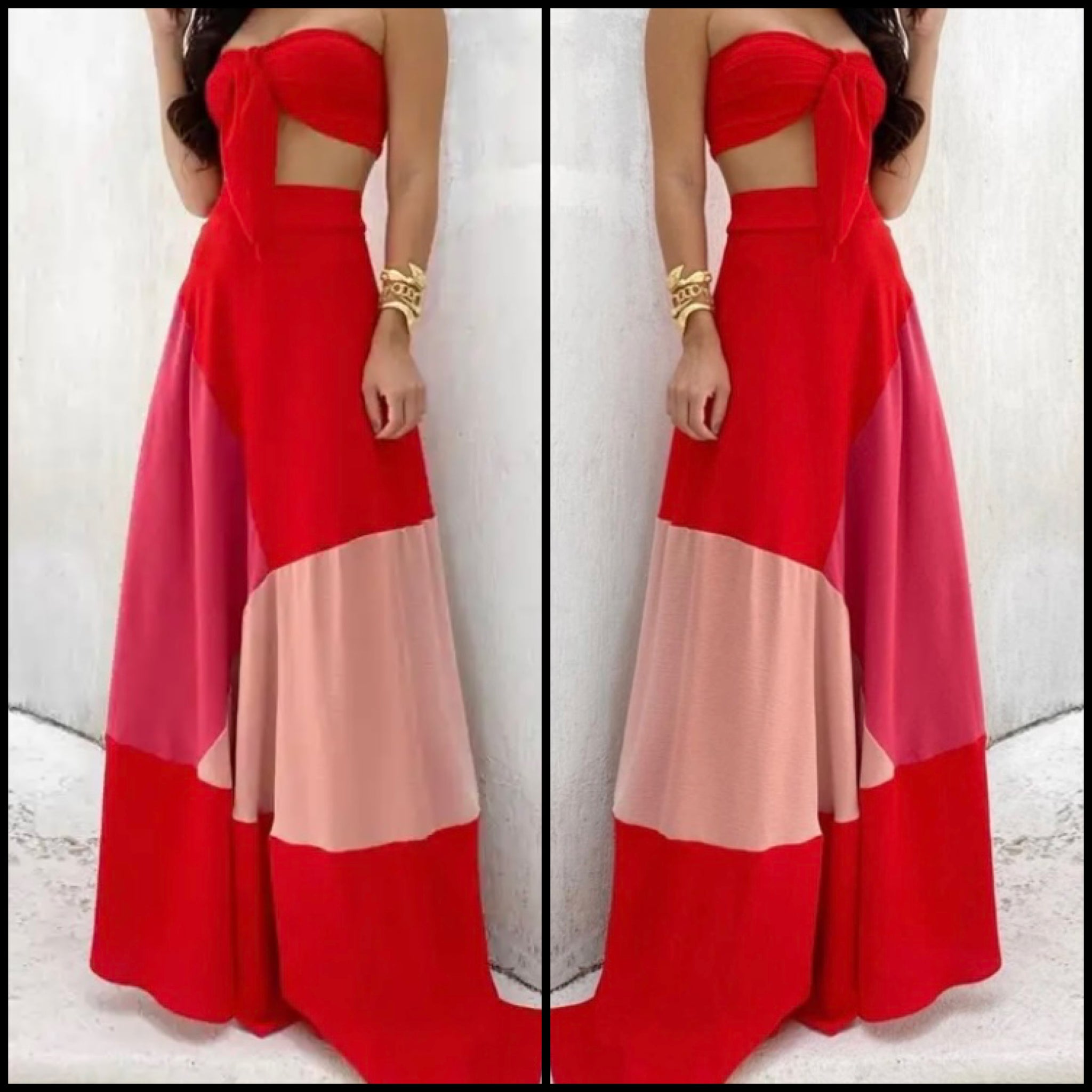 Women Sexy Tie Up Strapless Red Two Piece Maxi Skirt Set