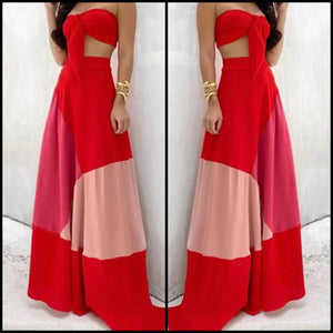 Women Sexy Tie Up Strapless Red Two Piece Maxi Skirt Set