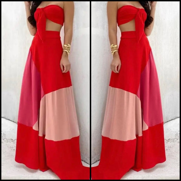 Women Sexy Tie Up Strapless Red Two Piece Maxi Skirt Set