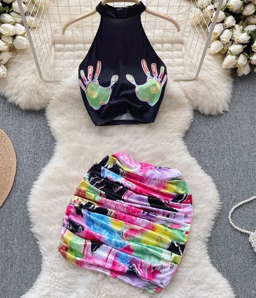 Women Halter Colorful Hand Print Two Piece Skirt Set