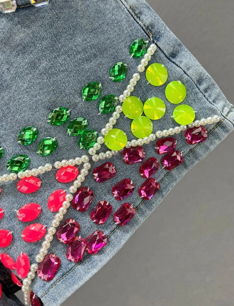 Women Fashion Neon Gem Patchwork Denim Shorts