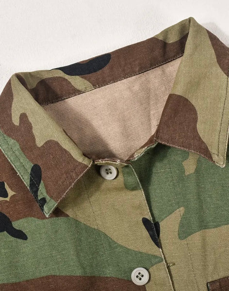 Women Ruffled Short Sleeve Button Up Camouflage Crop Top