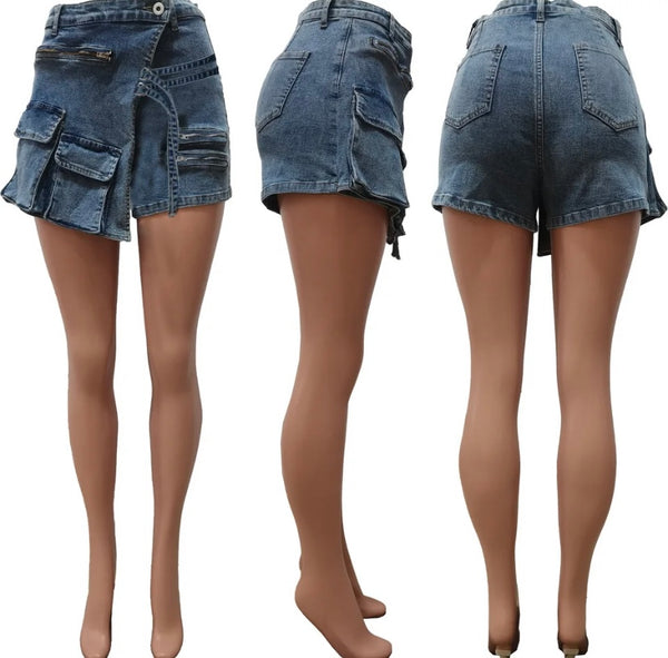Women Blue Pocket Zipper Fashion Denim Wrap Shorts