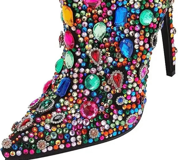 Women Pointed Toe Crystal Gem Knee High Boots