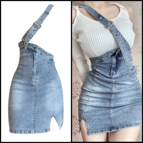 Women Strap Side Slit Fashion Denim Skirt