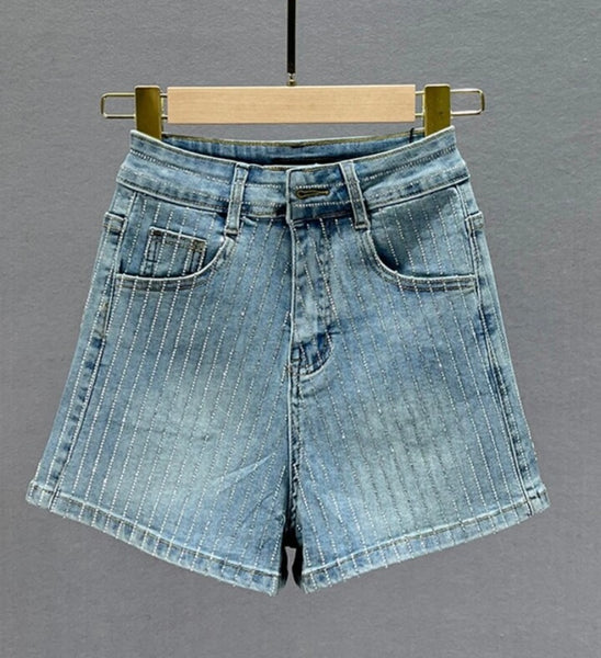 Women Fashion Denim Rhinestone Patchwork Shorts