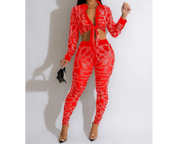 Women Full Sleeve Bling Mesh Button Up Two Piece Pant Set