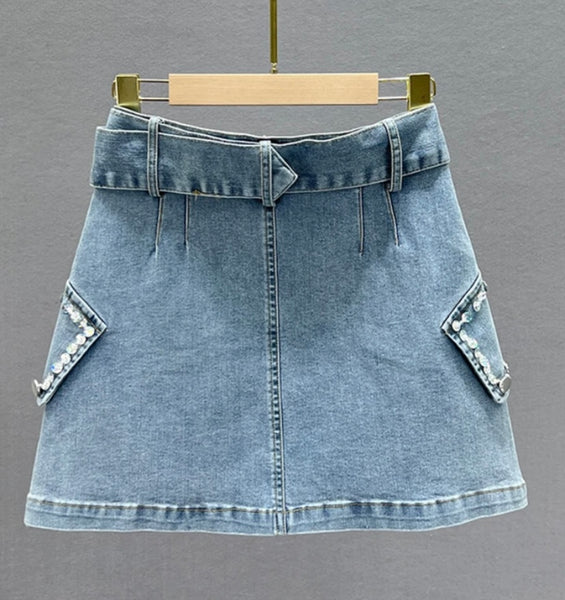 Women Front Zipper Fashion Heart Print Denim Skirt