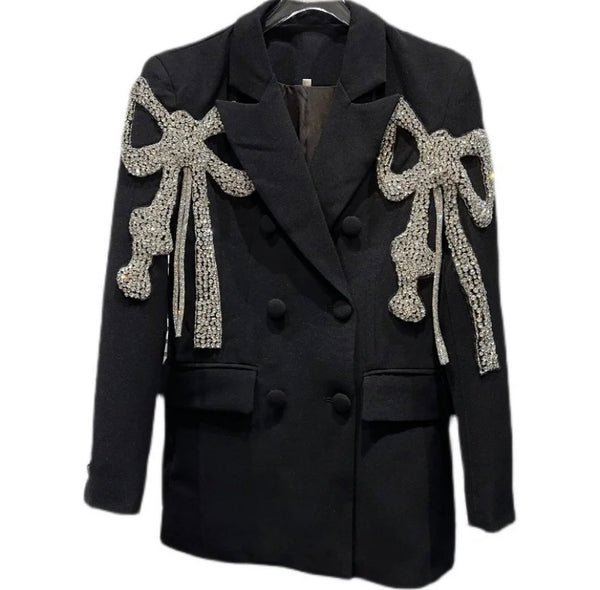 Women Sexy Fashion Rhinestone Bling Bow Blazer Top