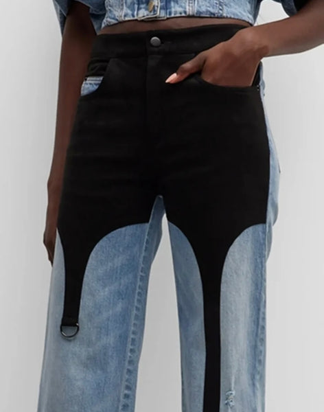 Women Fashion Color Patchwork Denim Pants