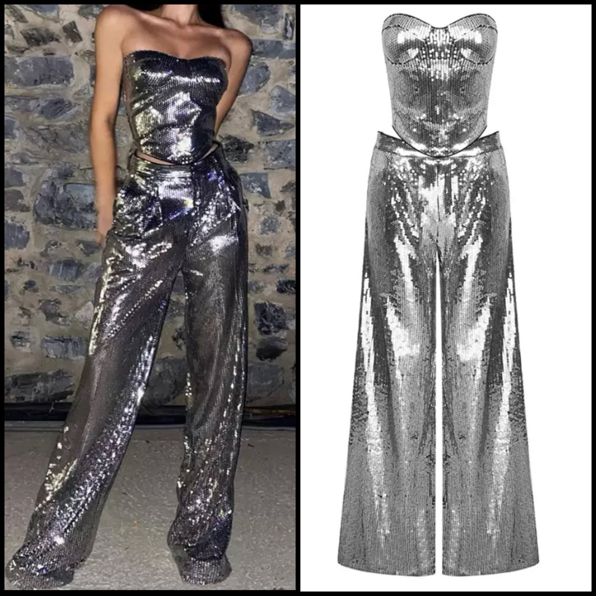 Women Sexy Strapless Silver Sequins Two Piece Pant Set