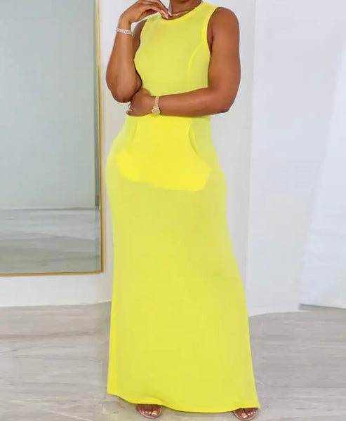 Women Sleeveless Front Pocket Solid Color Maxi Dress